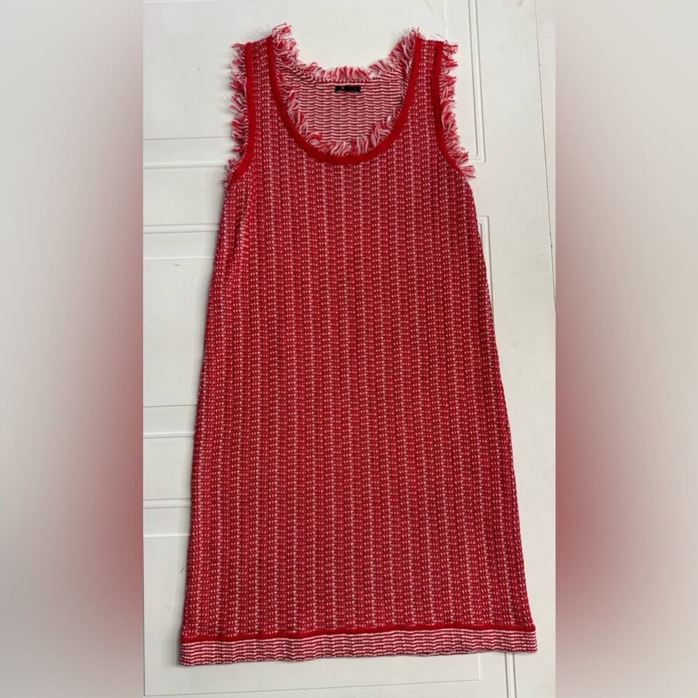 Ann Taylor Womens Sz S Red White Tweed Style Knit Midi Dress Fringe
